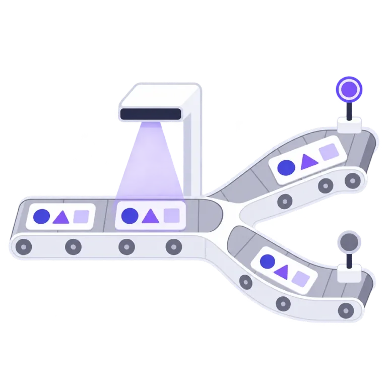 Image cards riding a conveyor under a scanner beam toward a fork, the indicator lamp of one path lit