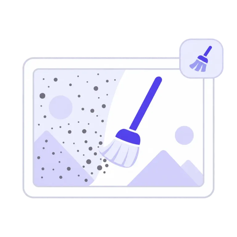 A broom sweeping grey specks off one half of a framed artwork, the swept half clean, a small broom badge on the frame's corner