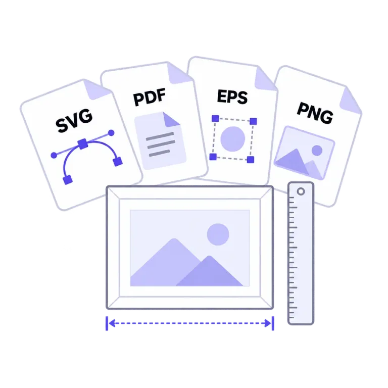 Four document cards labelled SVG, PDF, EPS and PNG above a framed print, with a ruler and a bracket measuring its width