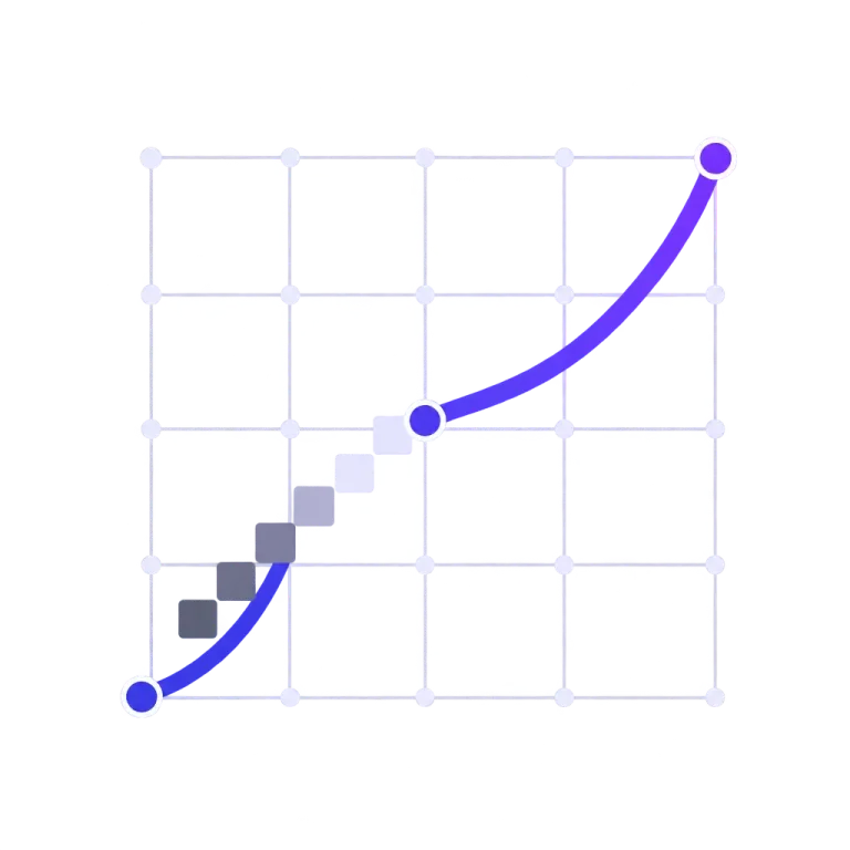 A smooth curve crossing a square pixel grid, anchor dots between the grid lines and a grey pixel staircase dissolving into the curve