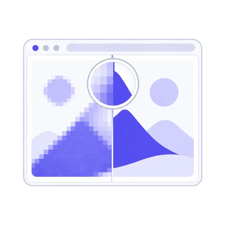 A browser window whose picture is split down the middle — coarse pixels on the left, smooth vector shapes on the right — with a loupe over the seam showing a crisp edge